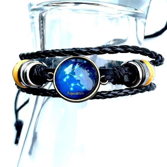 New Genuine Leather Aquarius Constellation Zodiac Sign Bracelet - Picture 3 of 6